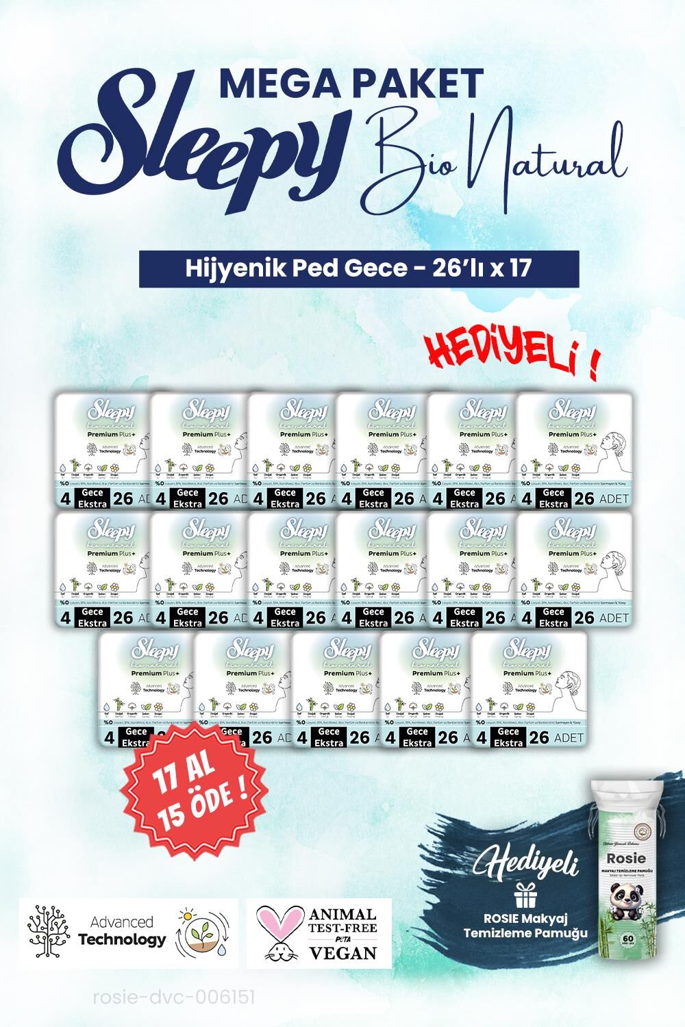Sleepy Bio Hijyenik ped 26'lı Gece 17 AL 15 ÖDE Mega Paket ve ROSIE makyaj pamuğu