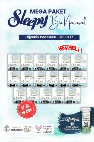 Sleepy Bio Hijyenik ped 26'lı Gece 17 AL 15 ÖDE Mega Paket ve ROSIE makyaj pamuğu