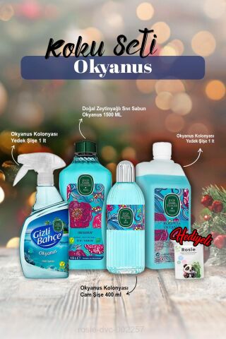 Oda kokusu 500ml,Kolonya 1lt ve 400ml, Sıvı Sabun 1500ml Okyanus ve Rosie Pamuk
