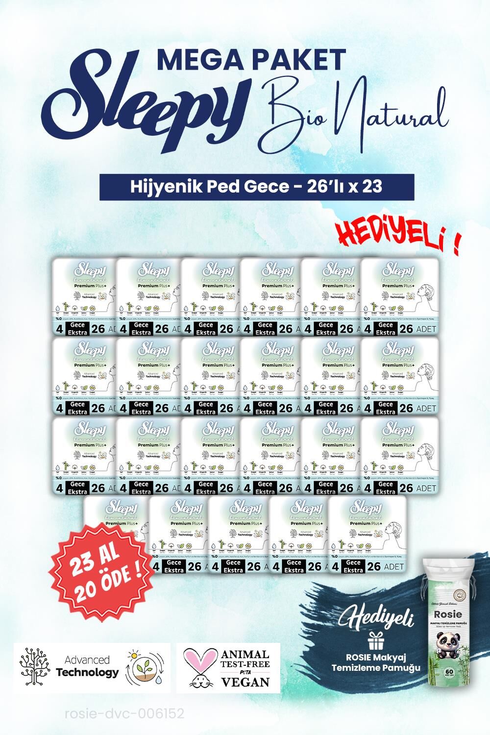 Sleepy Bio Hijyenik ped 23 AL 20 ÖDE 26'lı Gece Mega Paket ve ROSIE makyaj pamuğu