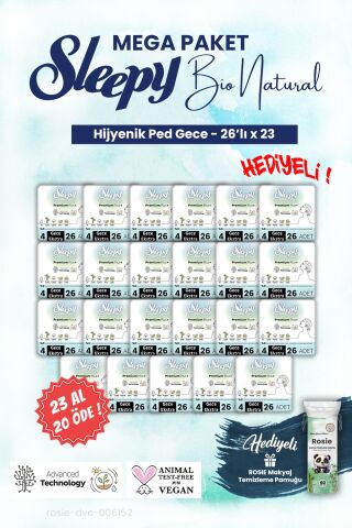 Sleepy Bio Hijyenik ped 23 AL 20 ÖDE 26'lı Gece Mega Paket ve ROSIE makyaj pamuğu
