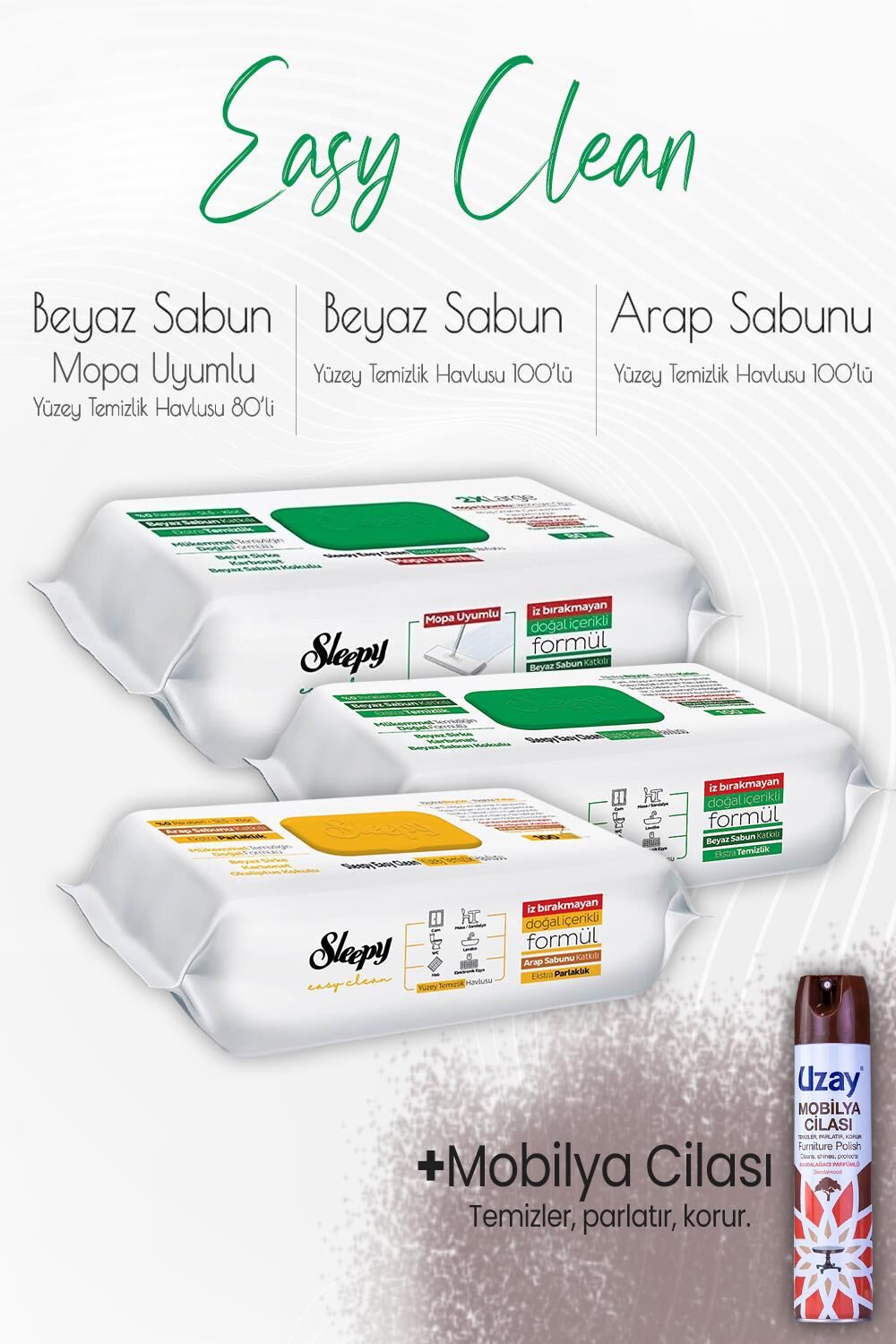 Sleepy Easy Clean Yüzey Temizlik Havlusu Seti 4 ve Mobilya Cilası Sandalağacı