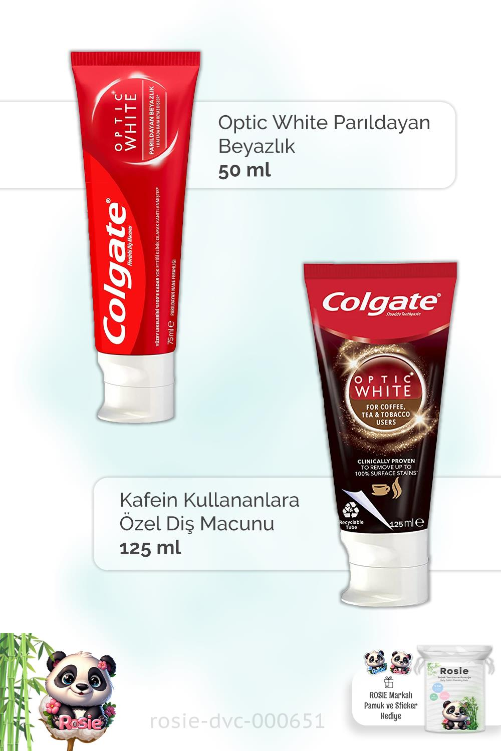 Colgate Optic White  50 ml, Çay ve Tütün Kullananlar İçin 125 ml Diş Macunu ve ROSIE
