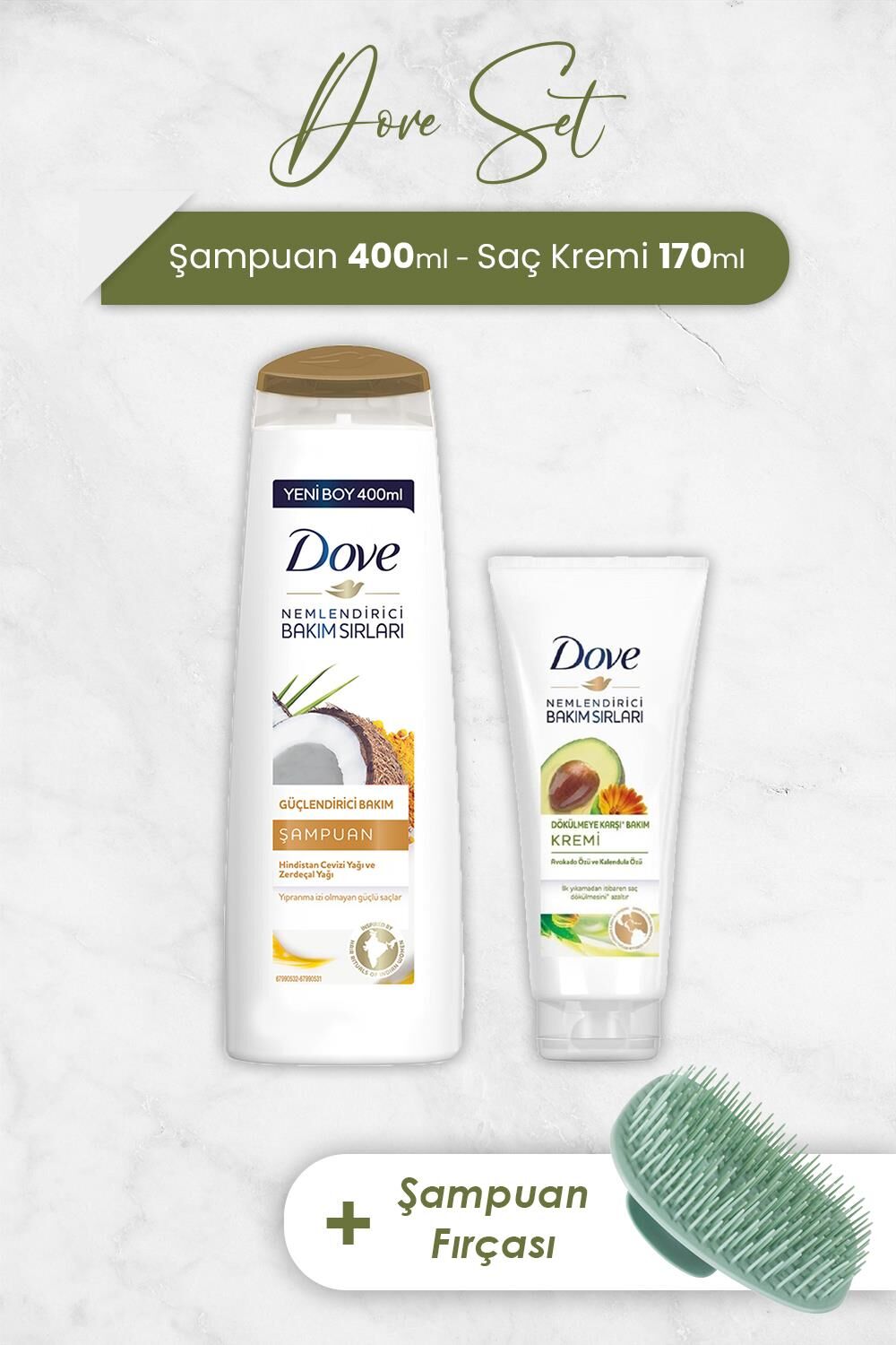 Dove Hindistan Cevizi Şampuan, Nemlendirici Krem ve Şampuan Fırçası