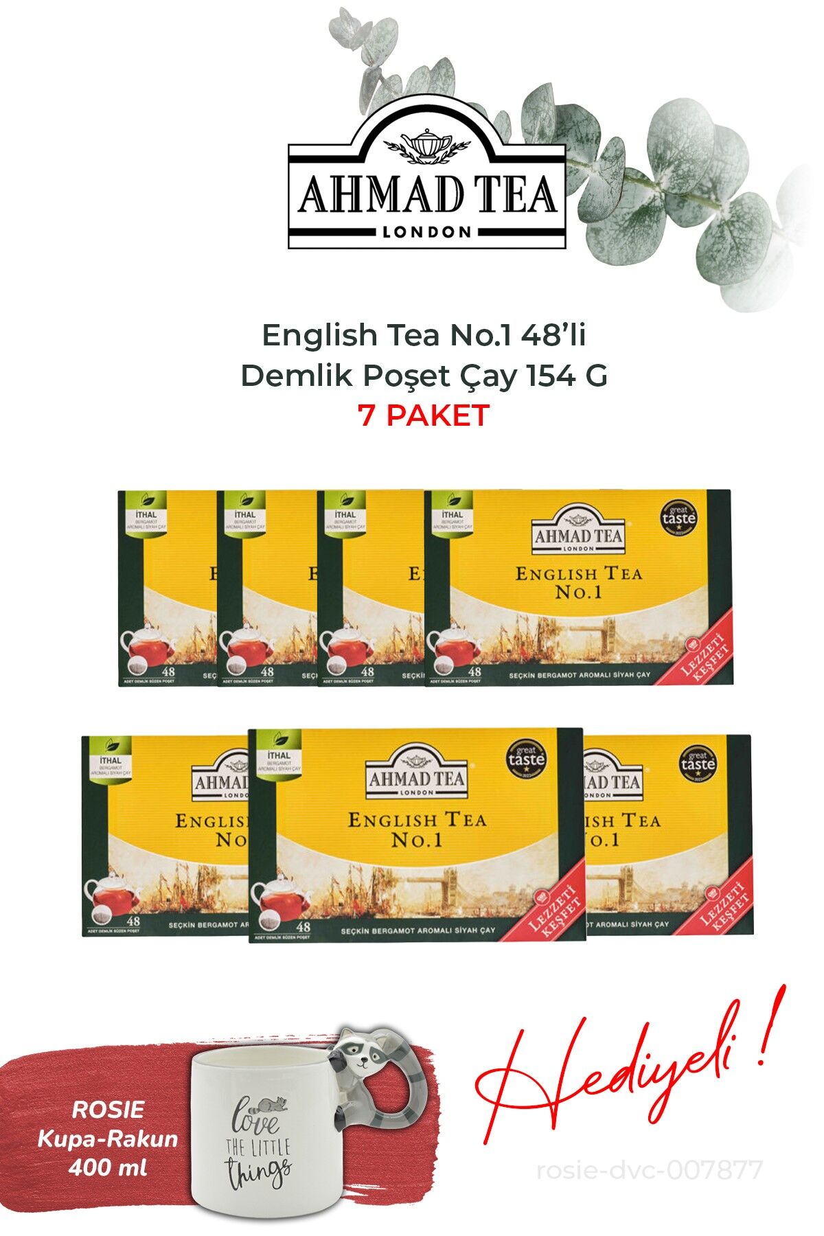 7 paket, 48’li English Tea No.1 Demlik 154 G ve Rakun Kupa