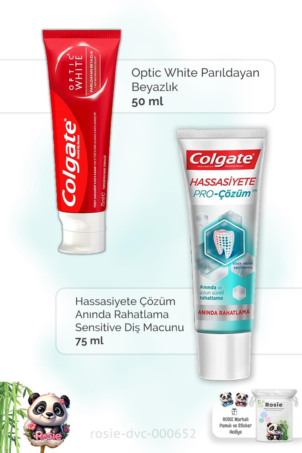Colgate Optic White 50 ml, Hassasiyete Çözüm 75 ml Diş Macunu ve ROSIE