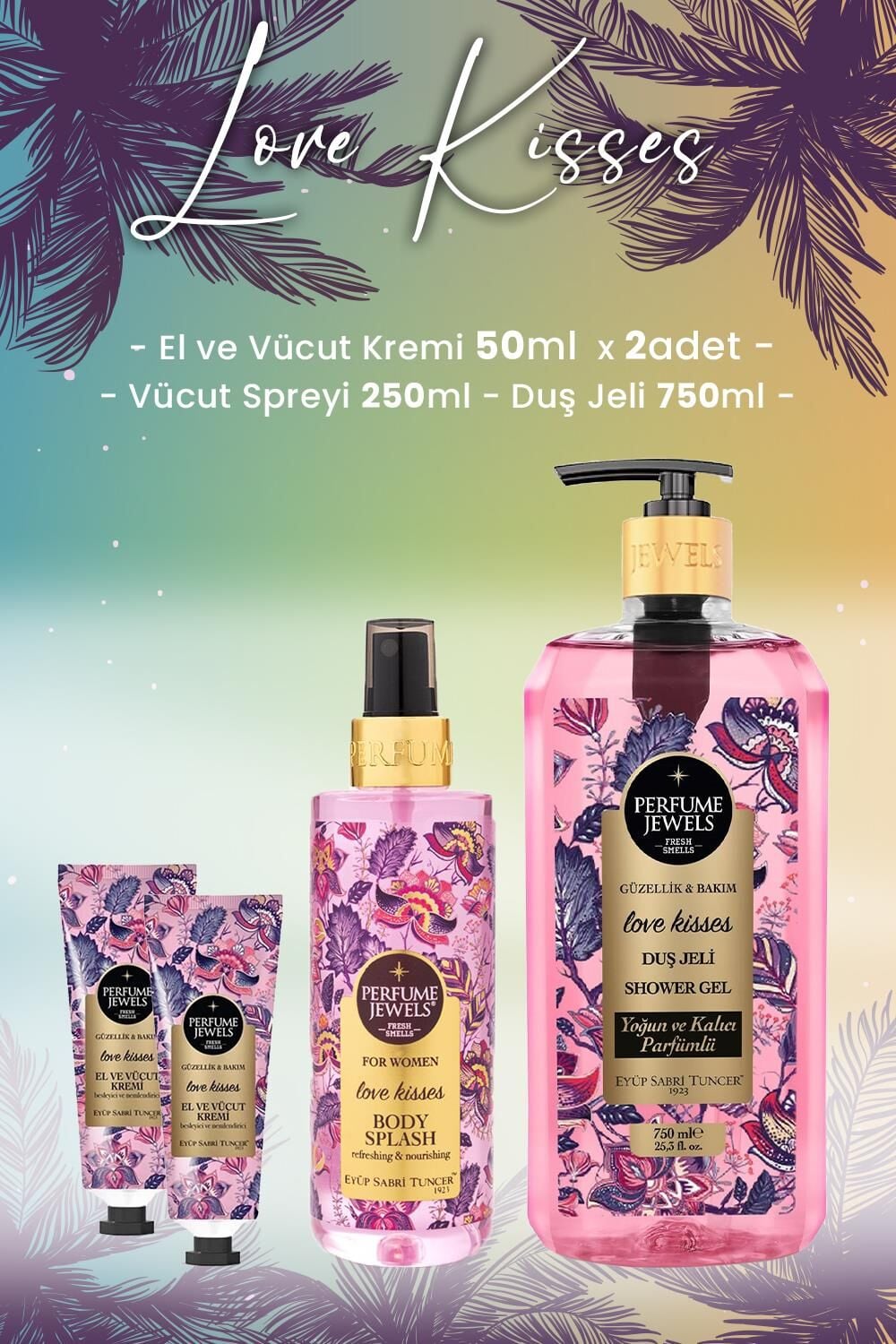 Eyüp Sabri Tuncer Love Kisses Vücut Spreyi 250 ml, Duş Jeli 750 ml ve Krem 50 ml x 2 Adet