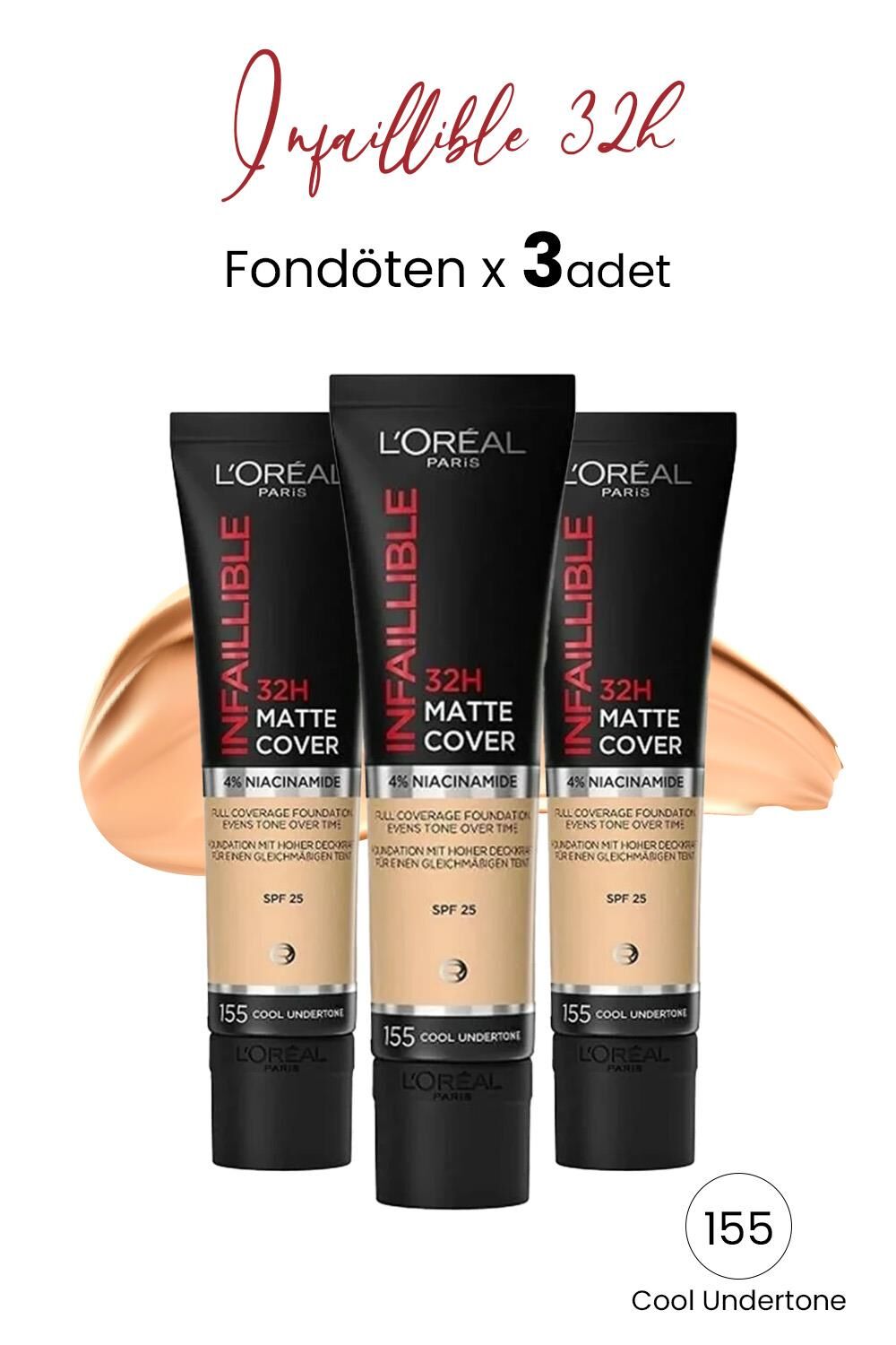 Loreal Paris Infaillible 32H Matte Cover Yüksek Kapatıcı Fondöten - 155 Soğuk Alt Ton 30 ml x 3 Adet