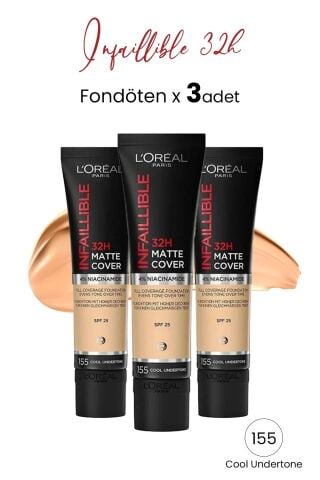 Loreal Paris Infaillible 32H Matte Cover Yüksek Kapatıcı Fondöten - 155 Soğuk Alt Ton 30 ml x 3 Adet