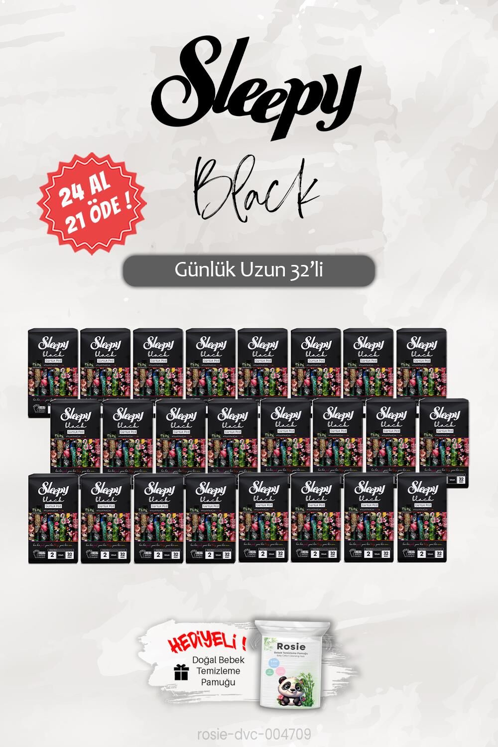 Sleepy 24 AL 21 ÖDE Black Uzun 32 'li Günlük Ped, ROSIE Hediye