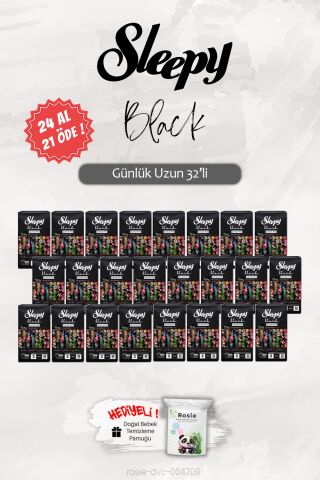 Sleepy 24 AL 21 ÖDE Black Uzun 32 'li Günlük Ped, ROSIE Hediye
