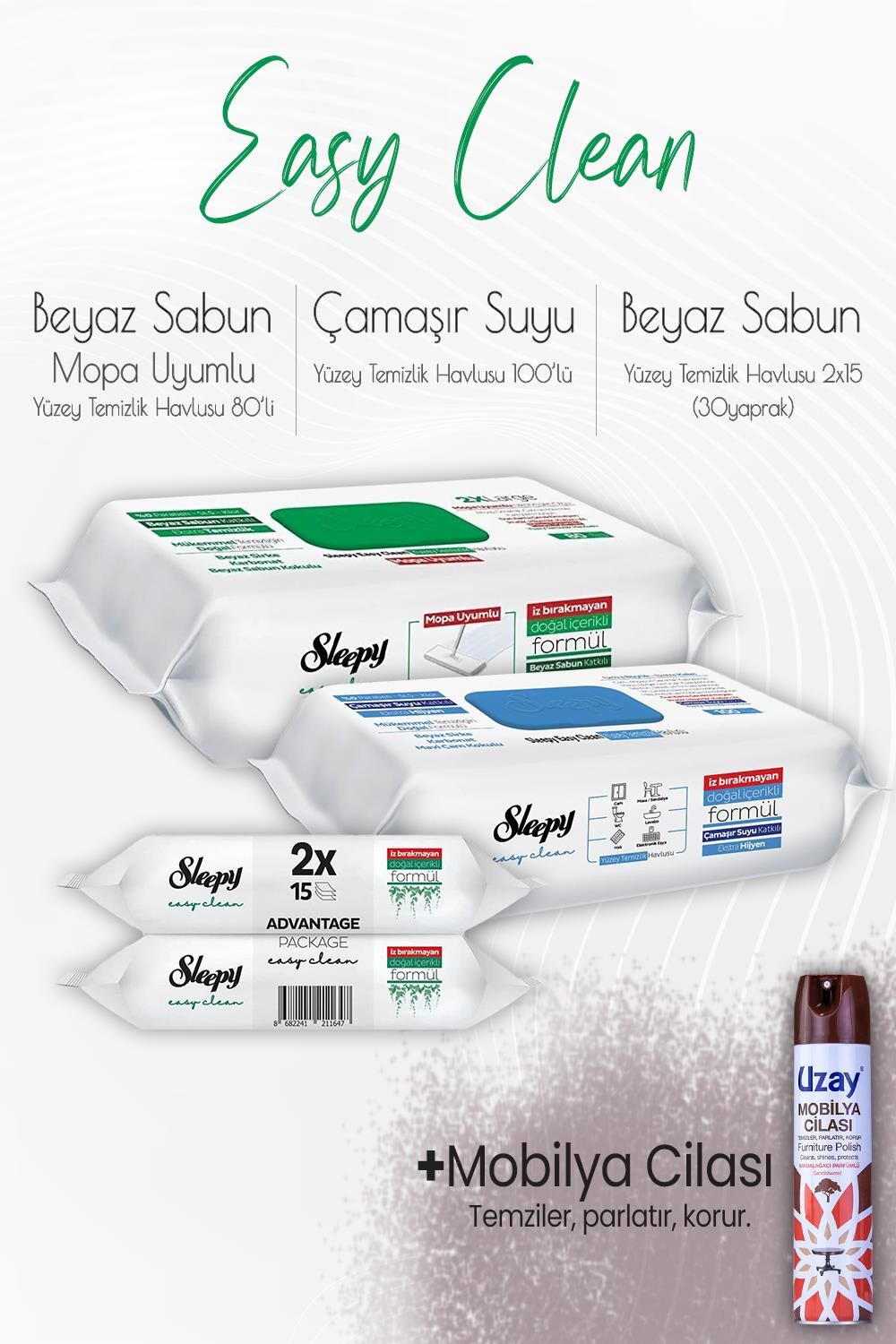 Sleepy Easy Clean Yüzey Temizlik Havlusu Seti 6 ve Mobilya Cilası Sandalağacı