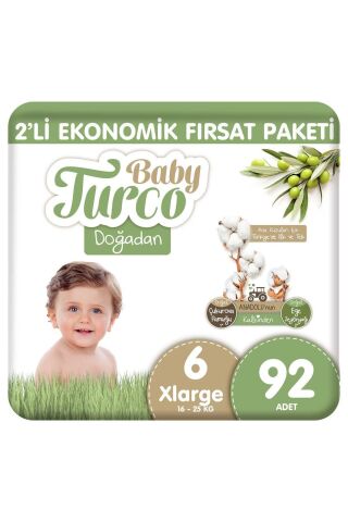 Baby Turco Doğadan 2'li Ekonomik Fırsat Paketi Bebek Bezi 6 Numara Xlarge 92 Adet