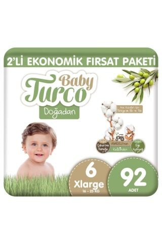 Baby Turco Doğadan 2'li Ekonomik Fırsat Paketi Bebek Bezi 6 Numara Xlarge 92 Adet