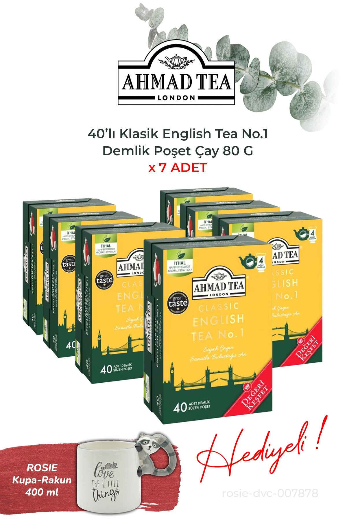 7 paket, 40'lı Klasik English Tea No.1 Demlik Poşet Çay 80 G ve Rakun Kupa