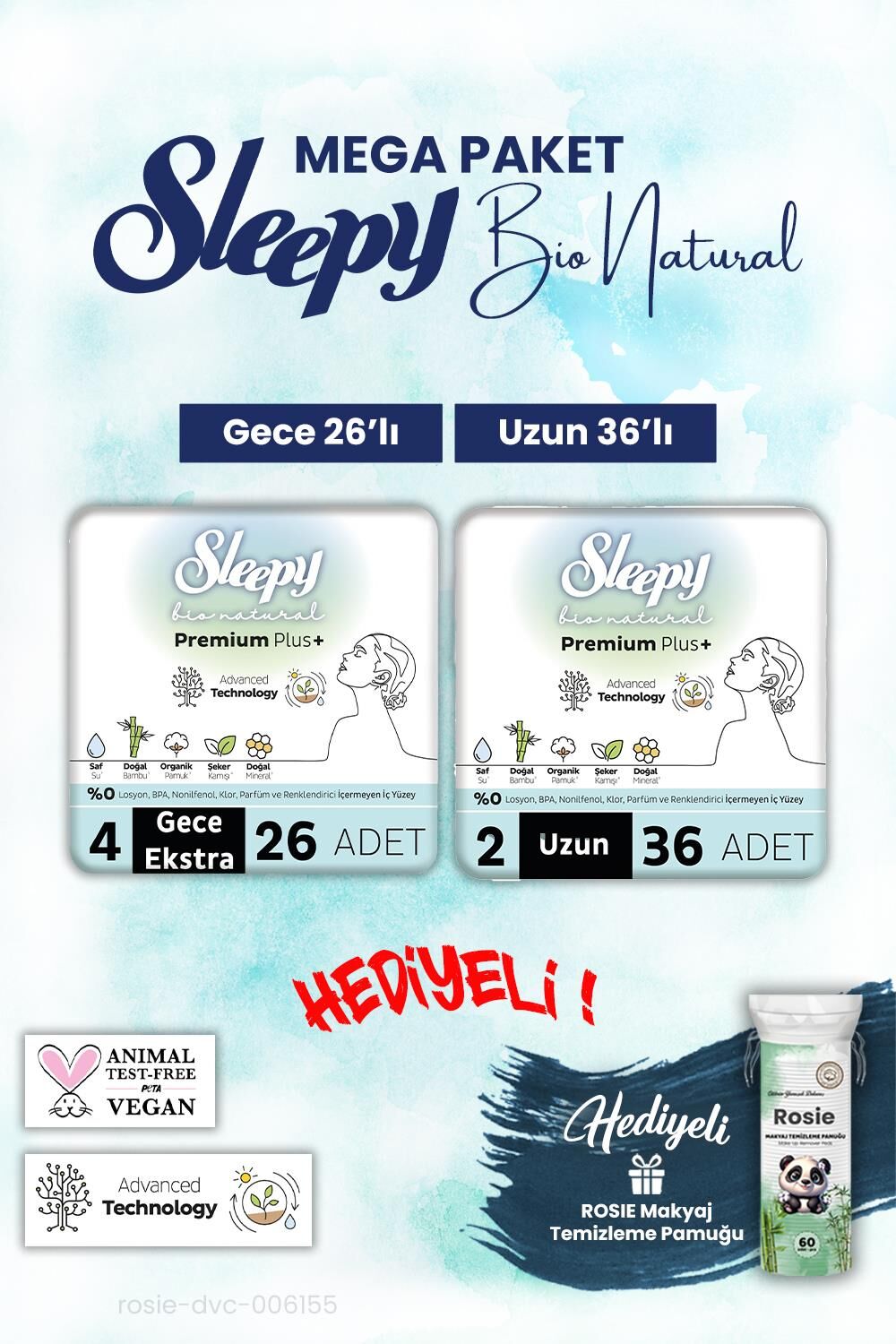 Sleepy Bio Natural Uzun 36, Gece 26 Adet Mega Paket ve Rosie Pamuk