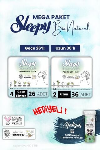Sleepy Bio Natural Uzun 36, Gece 26 Adet Mega Paket ve Rosie Pamuk