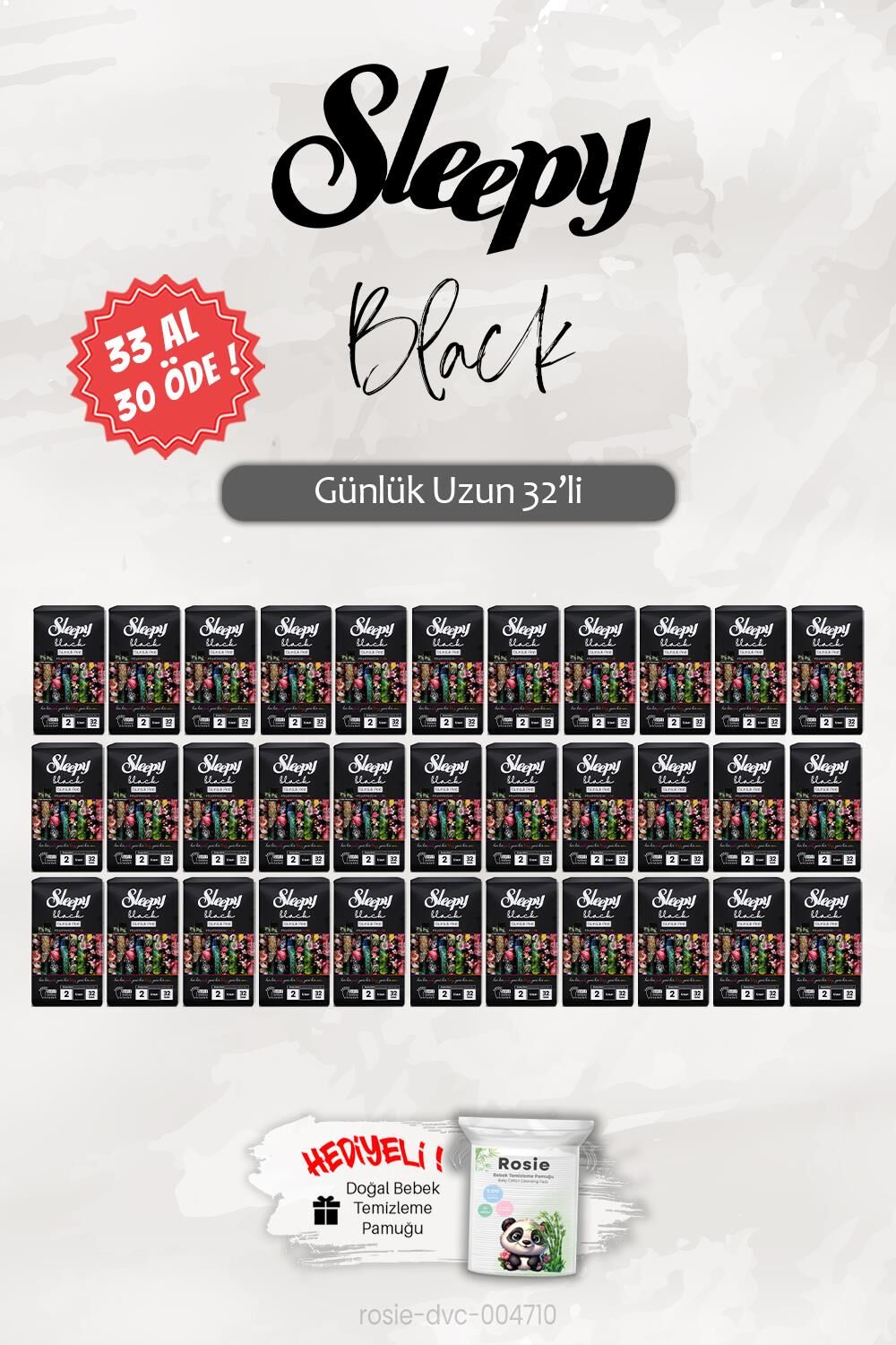 33 AL 30 ÖDE Sleepy Black Uzun 32 'li Günlük Ped, ROSIE Hediye