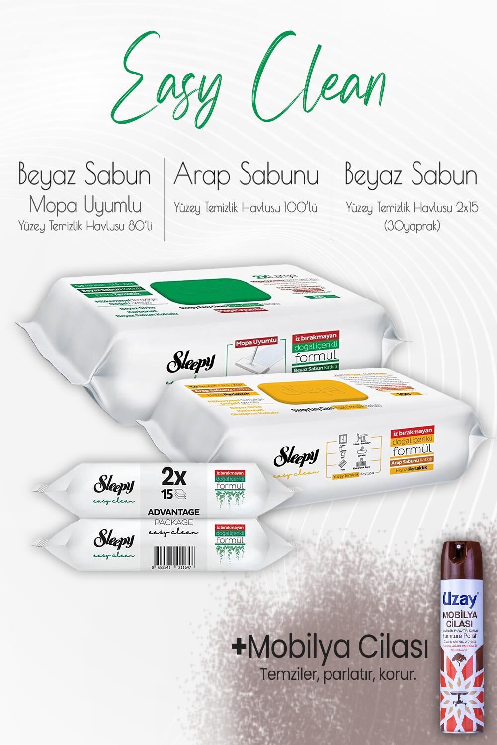 Sleepy Easy Clean Yüzey Temizlik Havlusu Seti 7 ve Mobilya Cilası Sandalağacı