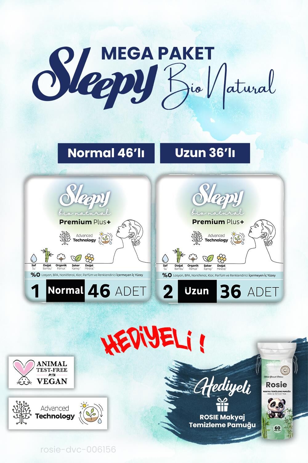 Sleepy Bio Natural Normal 46, Uzun 36 Adet Mega Paket ve Rosie Pamuk