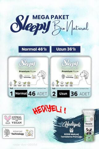 Sleepy Bio Natural Normal 46, Uzun 36 Adet Mega Paket ve Rosie Pamuk