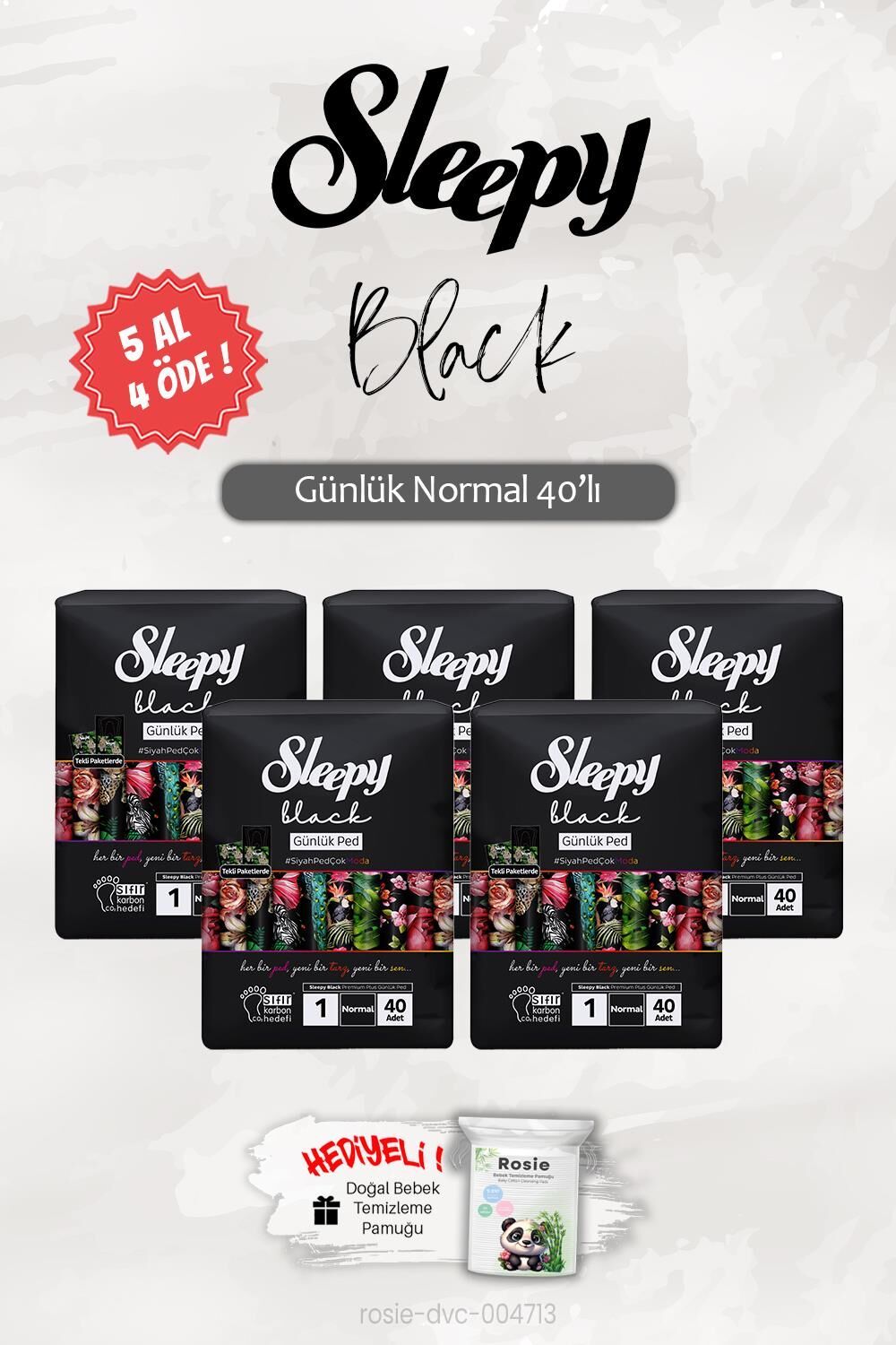 Sleepy 5 AL 4 ÖDE Black Normal 40'lı Günlük Ped, ROSIE Hediye