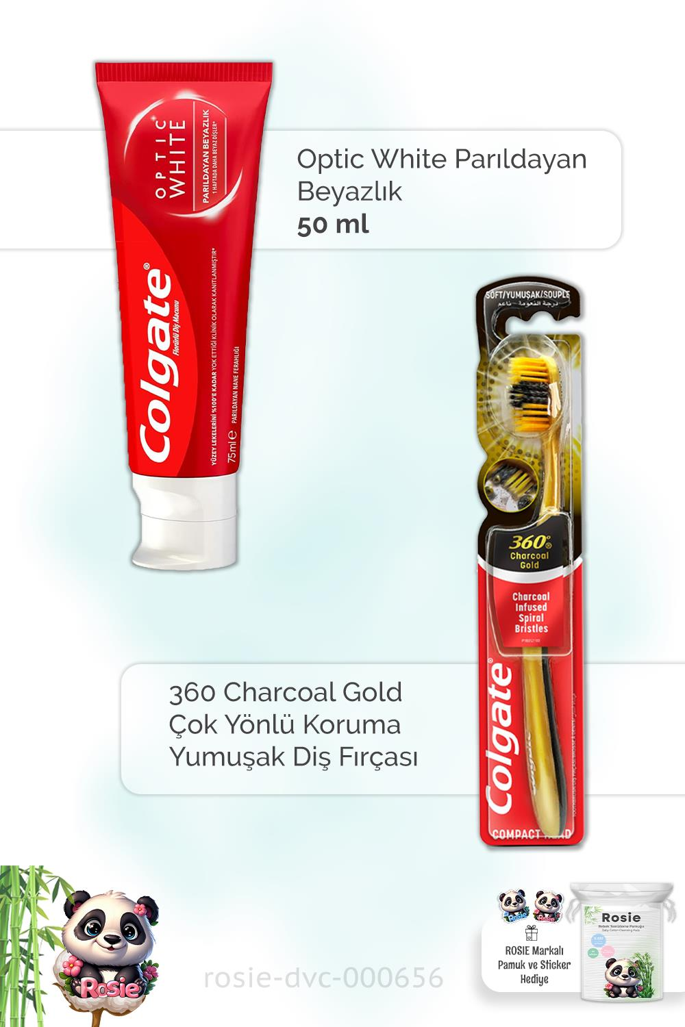 Colgate Optic White 50 ml Diş Macunu,  360 Charcoal Gold  Diş Fırçası ve ROSIE