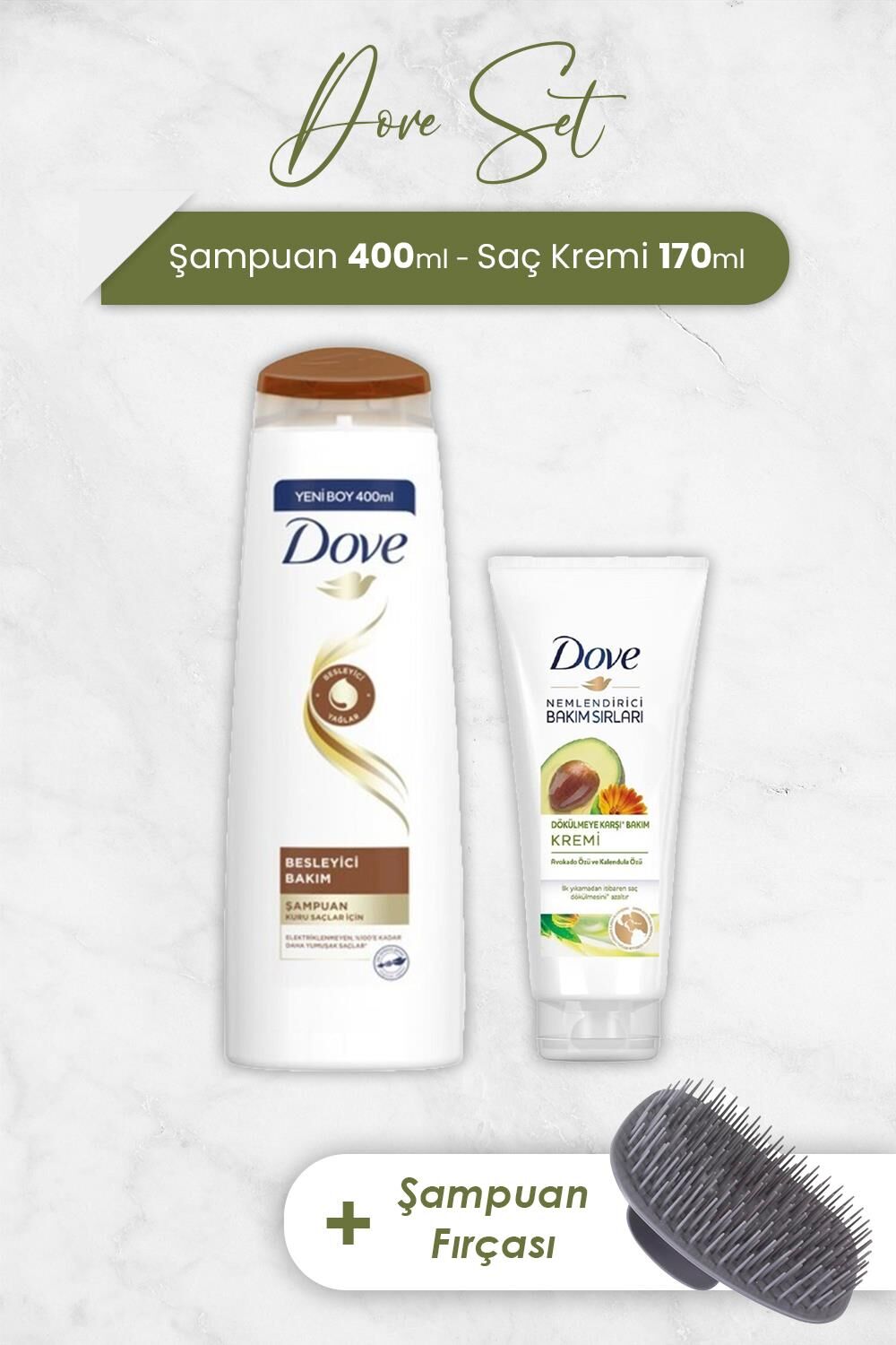 Dove Şampuan Besleyici Bakım, Nemlendirici Krem ve Şampuan Fırçası