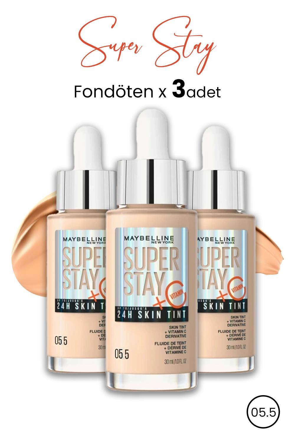 Maybelline Super Stay 24H Skin Tint Fondöten 05.5 30 ml  x 3 Adet