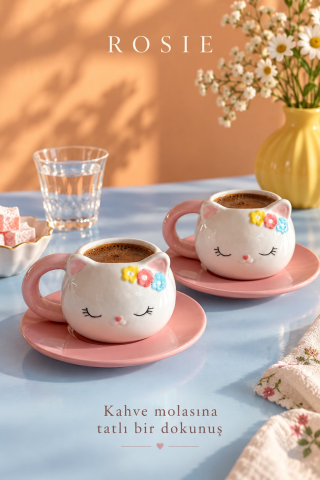 ROSIE Çiçekli Kedi Figürlü 2 Kişilik Kahve Fincanı Seti 105 ml