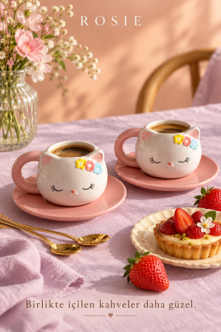ROSIE Çiçekli Kedi Figürlü 2 Kişilik Kahve Fincanı Seti 105 ml