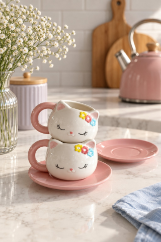 ROSIE Çiçekli Kedi Figürlü 2 Kişilik Kahve Fincanı Seti 105 ml