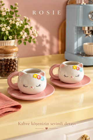 ROSIE Çiçekli Kedi Figürlü 2 Kişilik Kahve Fincanı Seti 105 ml