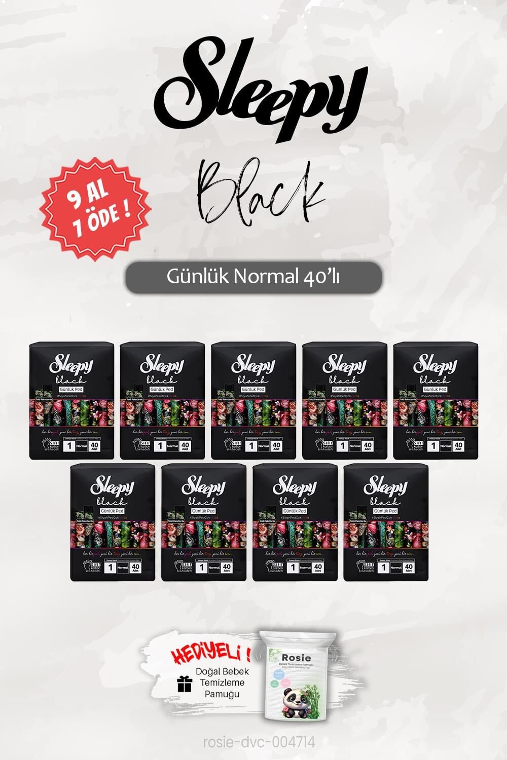 9 AL 7 ÖDE Sleepy Black Normal 40'lı Günlük Ped, ROSIE Hediye
