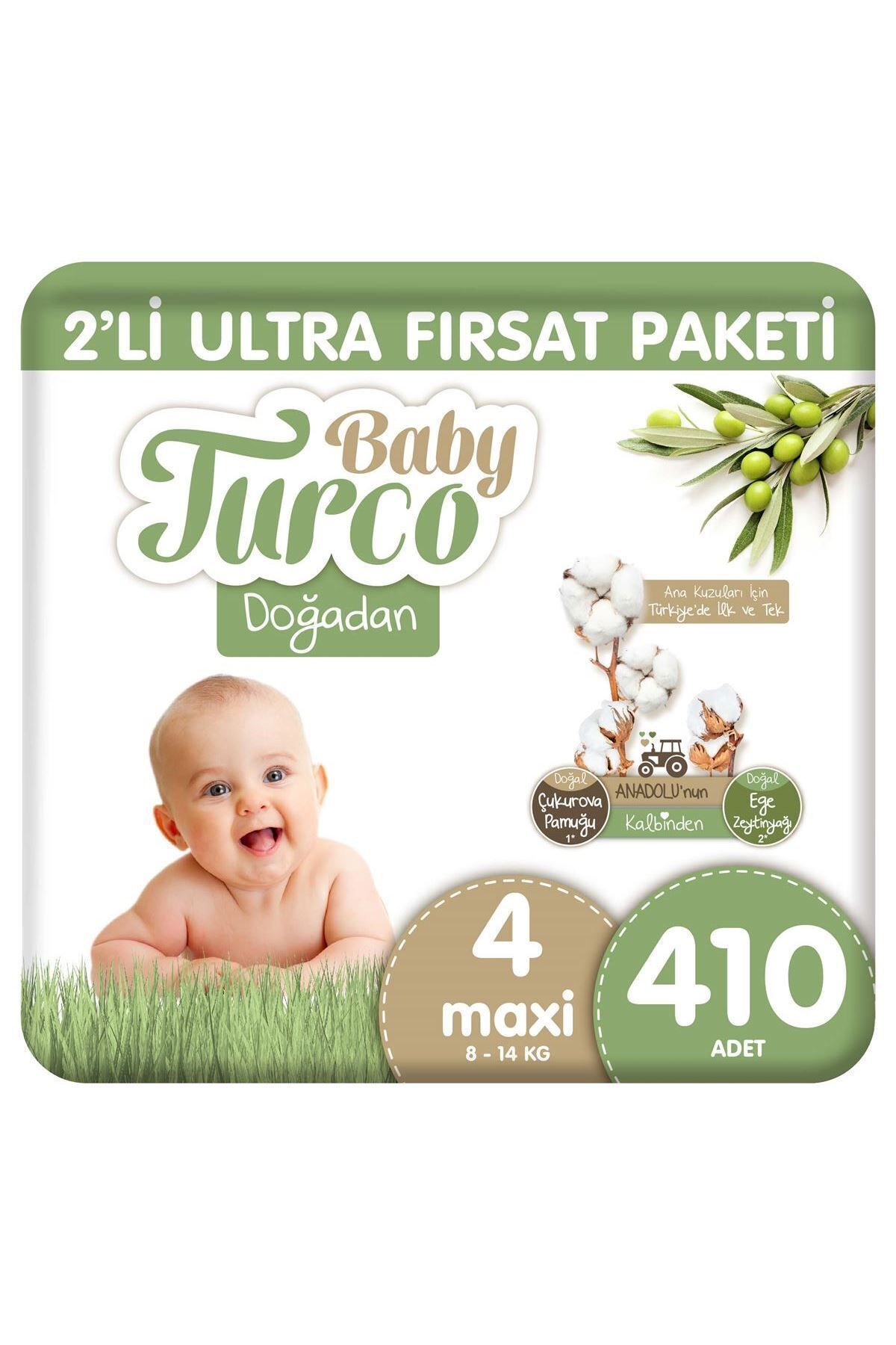 Baby Turco Doğadan 2'li Ultra Fırsat Paketi Bebek Bezi 4 Numara Maxi 410 Adet