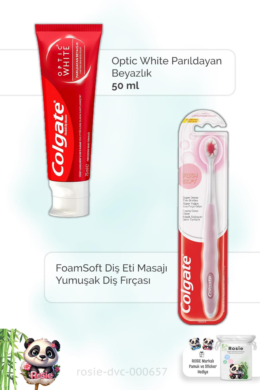 Colgate Optic White 50 ml Diş Macunu,  FoamSoft Diş Eti Masajı Diş Fırçası ve ROSIE