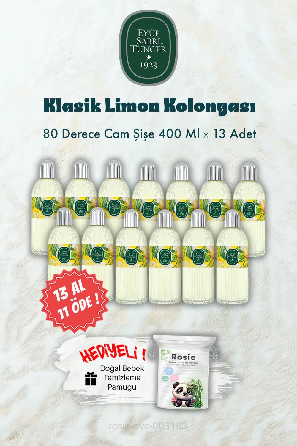 400 ML 13 AL 11 ÖDE Cam Şişe 80 Derece Klasik Limon Kolonyası ve ROSIE Hediye