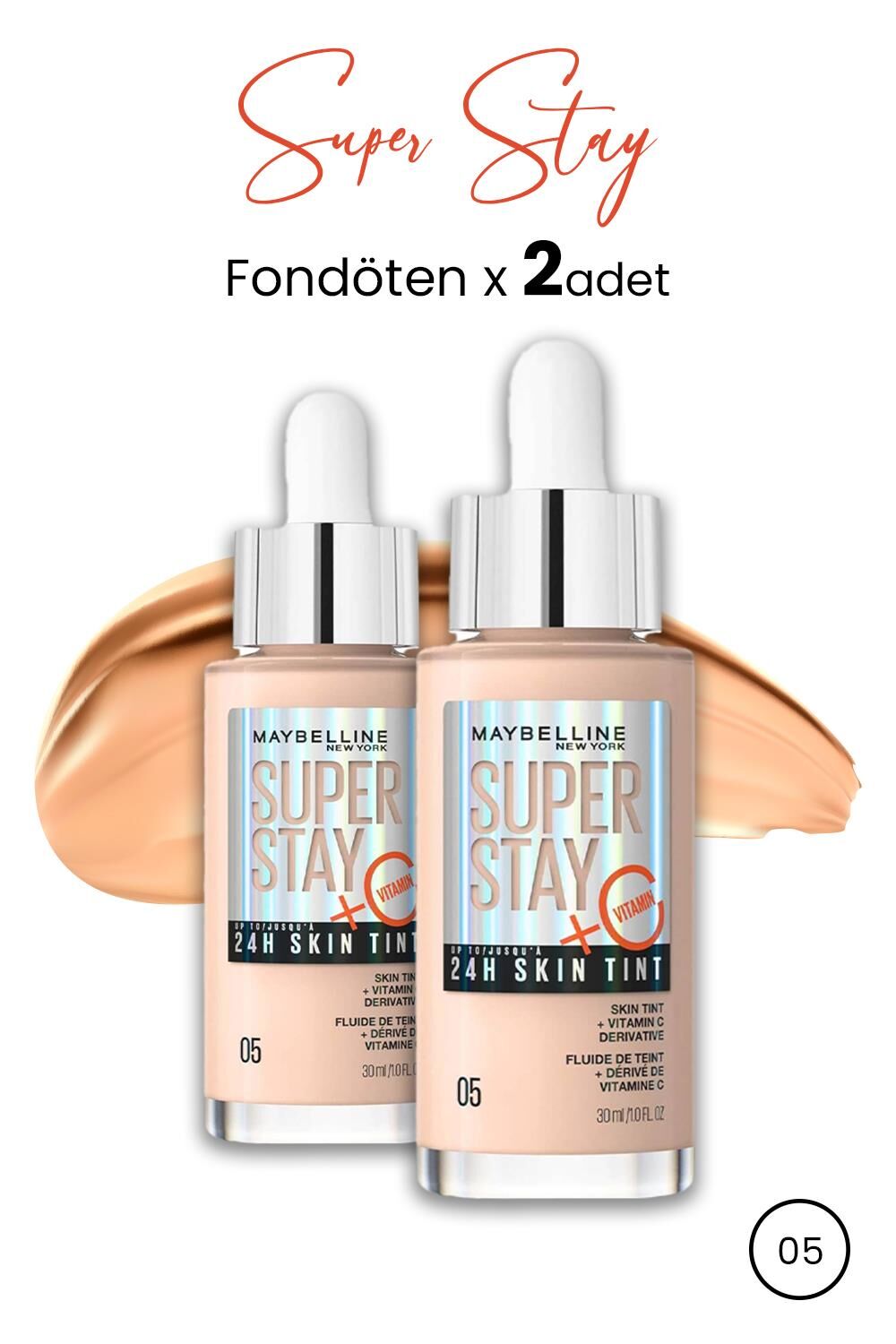 Maybelline Super Stay 24H Skin Tint Fondöten 05 30 ml  x 2 Adet