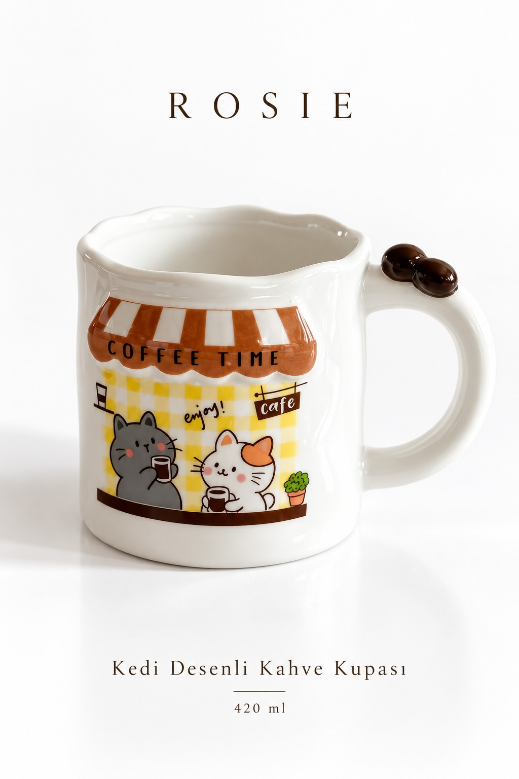 ROSIE Kedi Figürlü, Kahve Çekirdeği Kulp Detaylı Kupa Bardak 420 ml