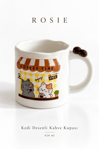 ROSIE Kedi Figürlü, Kahve Çekirdeği Kulp Detaylı Kupa Bardak 420 ml