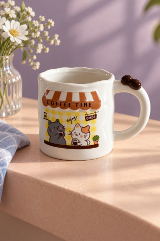 ROSIE Kedi Figürlü, Kahve Çekirdeği Kulp Detaylı Kupa Bardak 420 ml