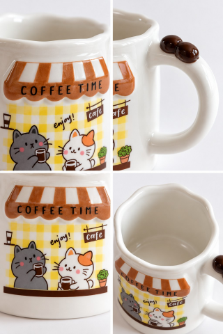 ROSIE Kedi Figürlü, Kahve Çekirdeği Kulp Detaylı Kupa Bardak 420 ml