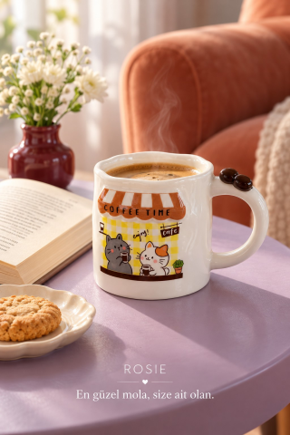 ROSIE Kedi Figürlü, Kahve Çekirdeği Kulp Detaylı Kupa Bardak 420 ml
