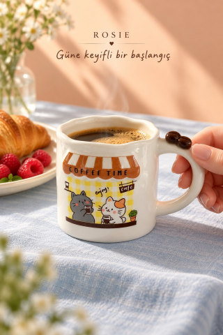 ROSIE Kedi Figürlü, Kahve Çekirdeği Kulp Detaylı Kupa Bardak 420 ml