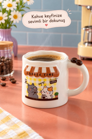 ROSIE Kedi Figürlü, Kahve Çekirdeği Kulp Detaylı Kupa Bardak 420 ml