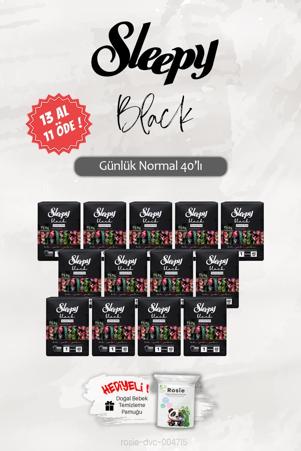 Normal 40'lı Black Günlük Ped 13 Al 11 ÖDE, ROSIE Hediye