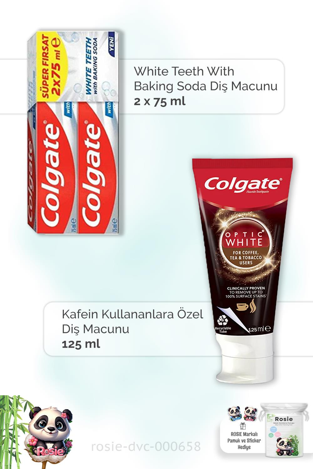 Colgate With Baking Soda 2 x 75 ml, Kahve, Çay ve Tütün Kullananlar İçin 125 ml Diş Macunu ve ROSIE