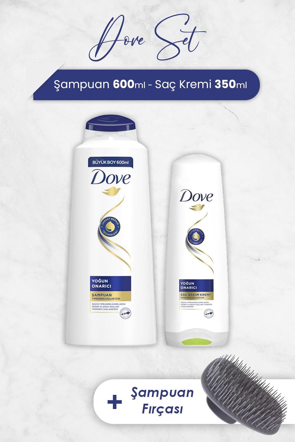 Dove Yoğun Onarıcı Şampuan 600 ml, Krem 350 ml ve Şampuan Fırçası