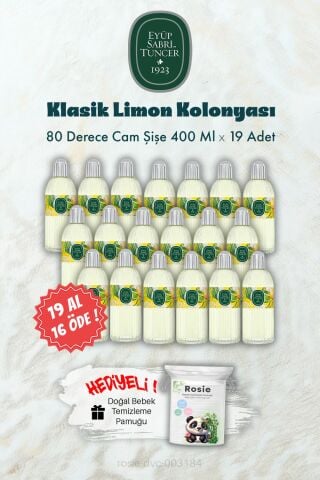 Cam Şişe 80 Derece Klasik Limon Kolonyası 19 AL 16 ÖDE 400 ML ve ROSIE Hediye