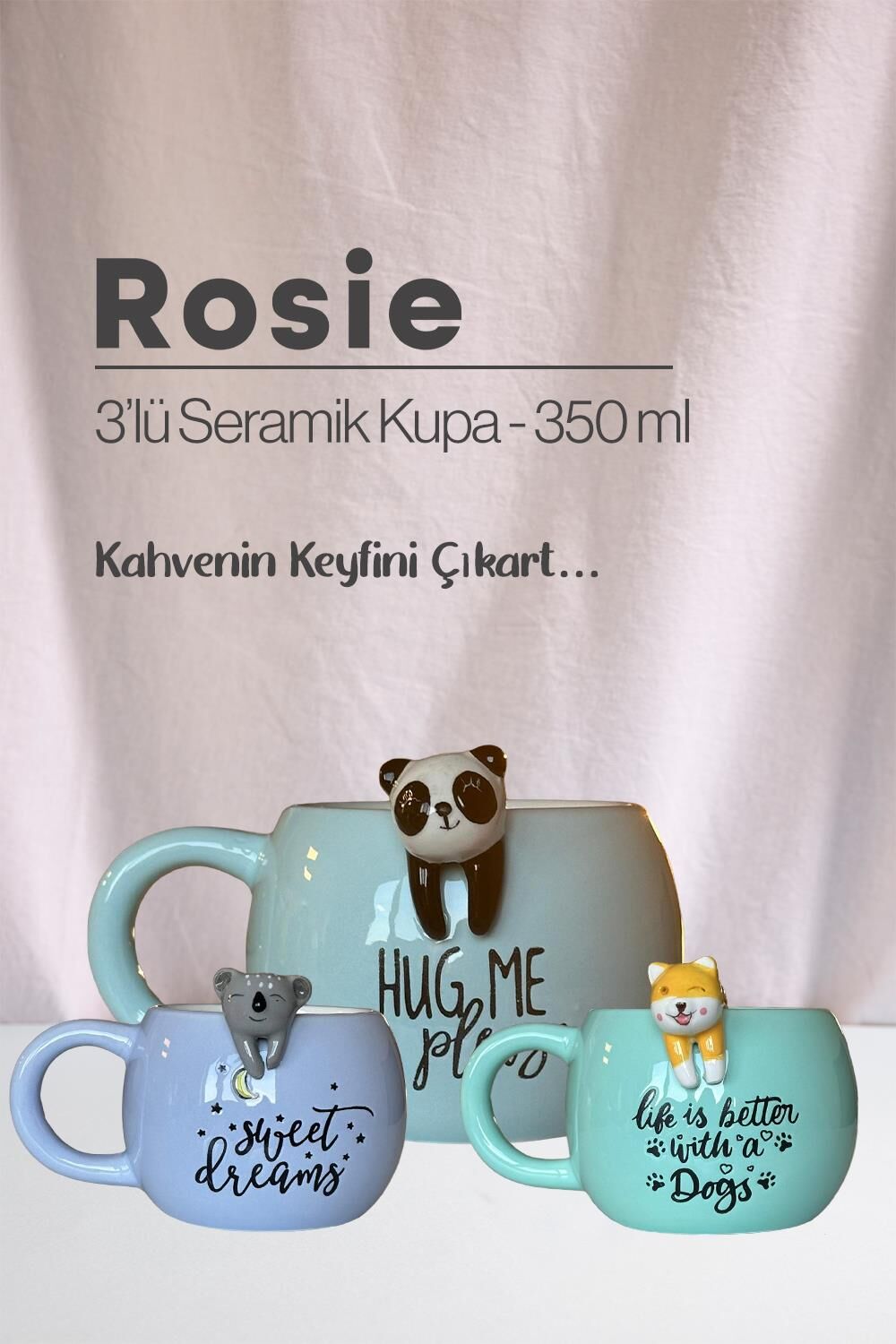 Koala, Panda ve Köpek Seramik Kupa 350 ml